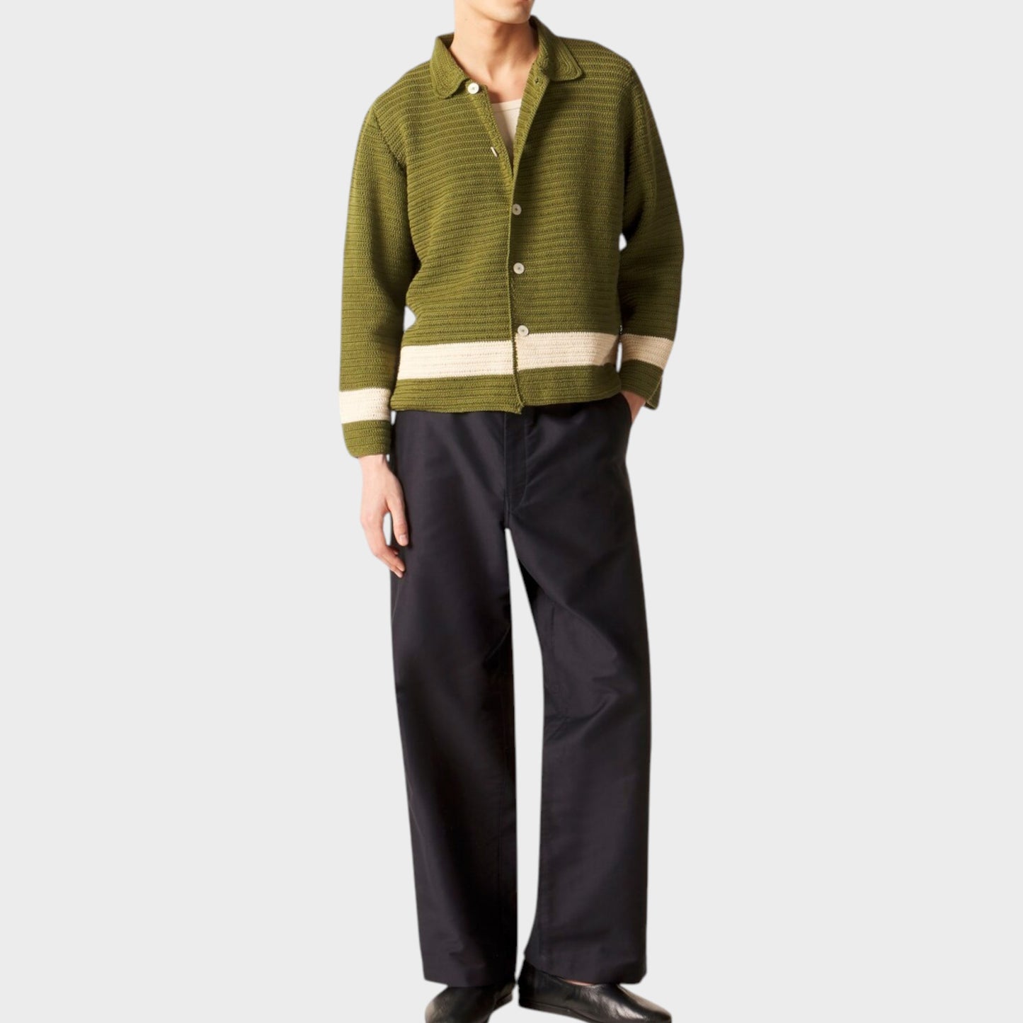 Tasoni Bode Marsh Crochet Long Sleeve Shirt in green and cream with horizontal stripes and button front.