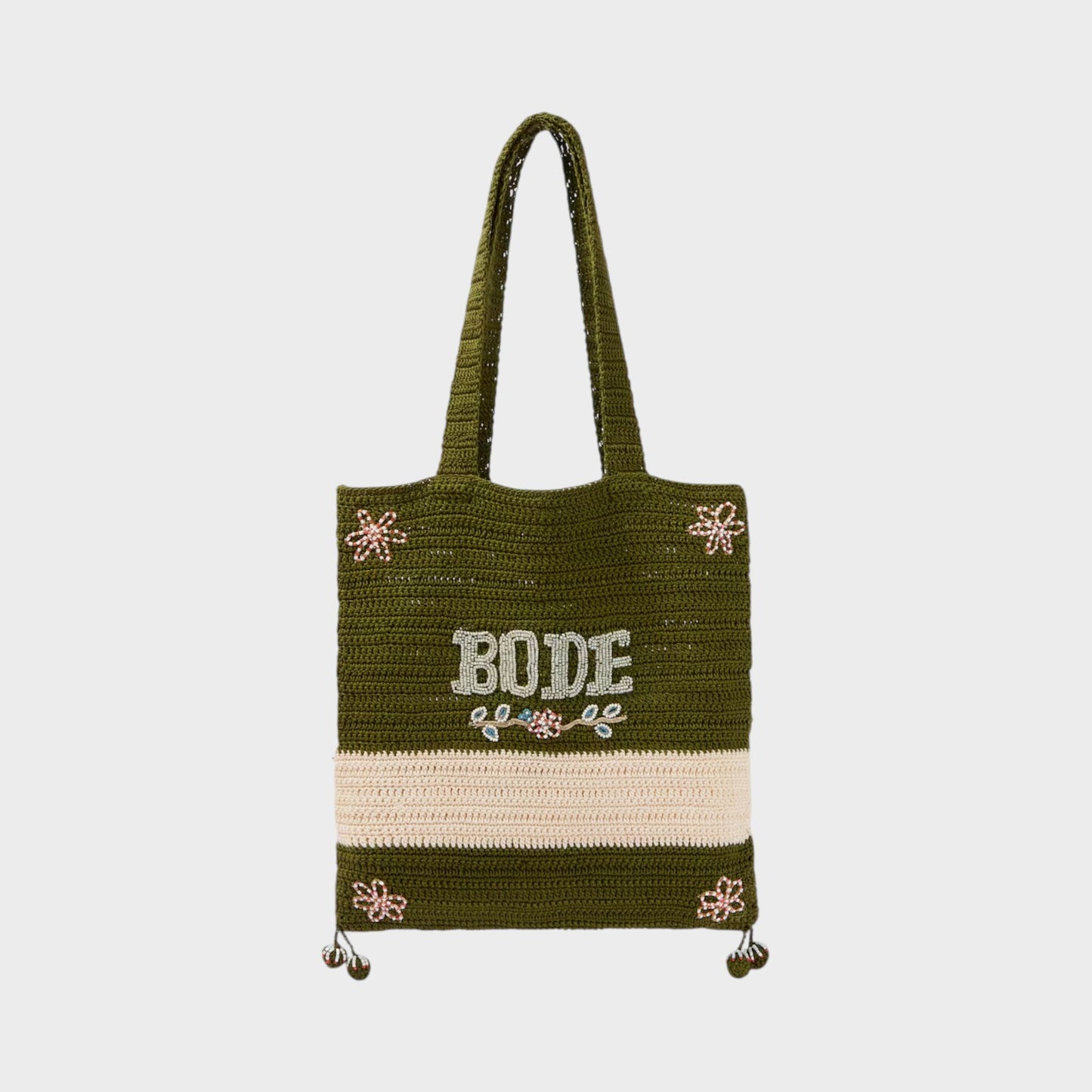 Tasoni Bode Marsh green crochet tote bag with beaded floral accents and "BODE" lettering.