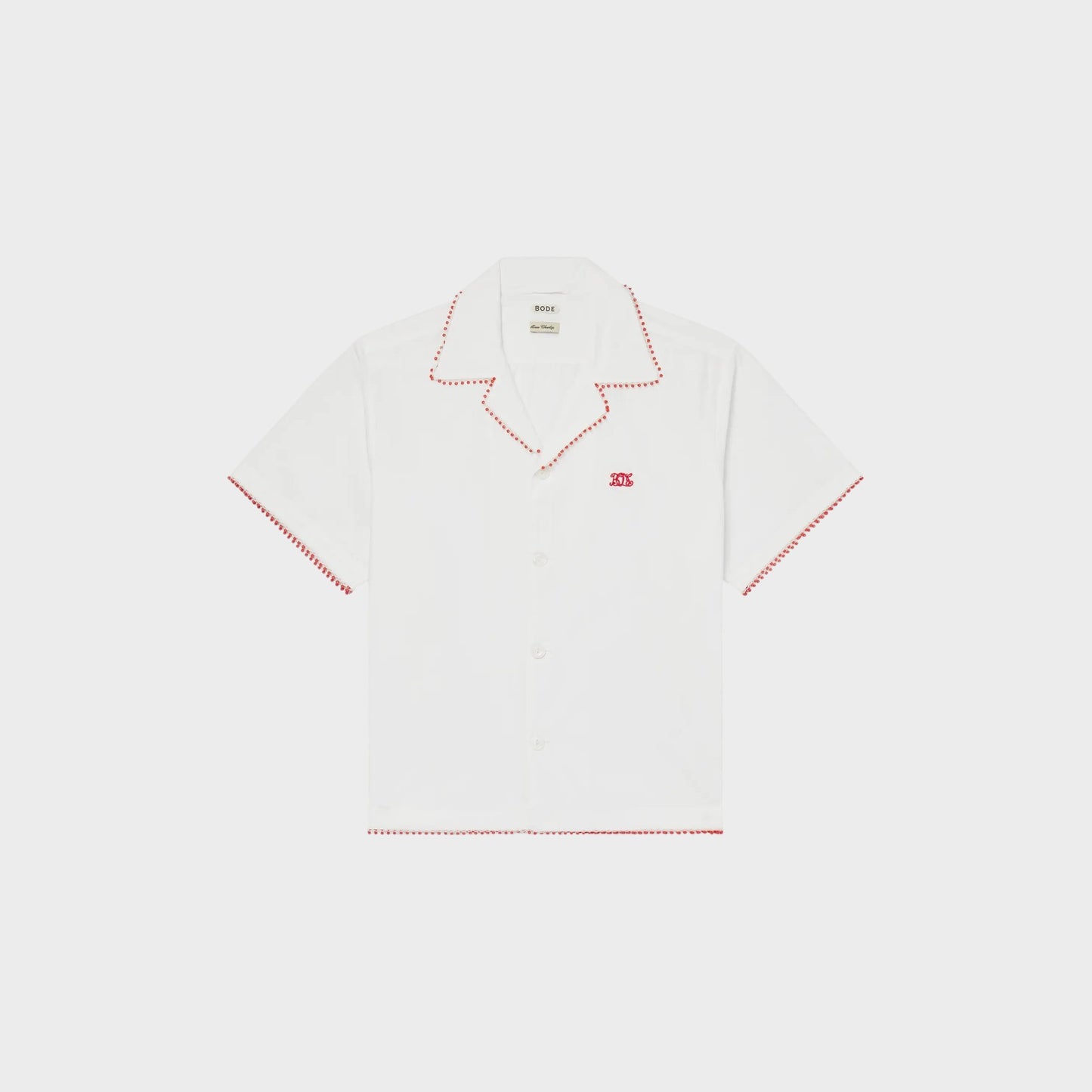 Tasoni Bode Redbud Shirt - White short-sleeve button-up with red contrast stitching and embroidered logo.