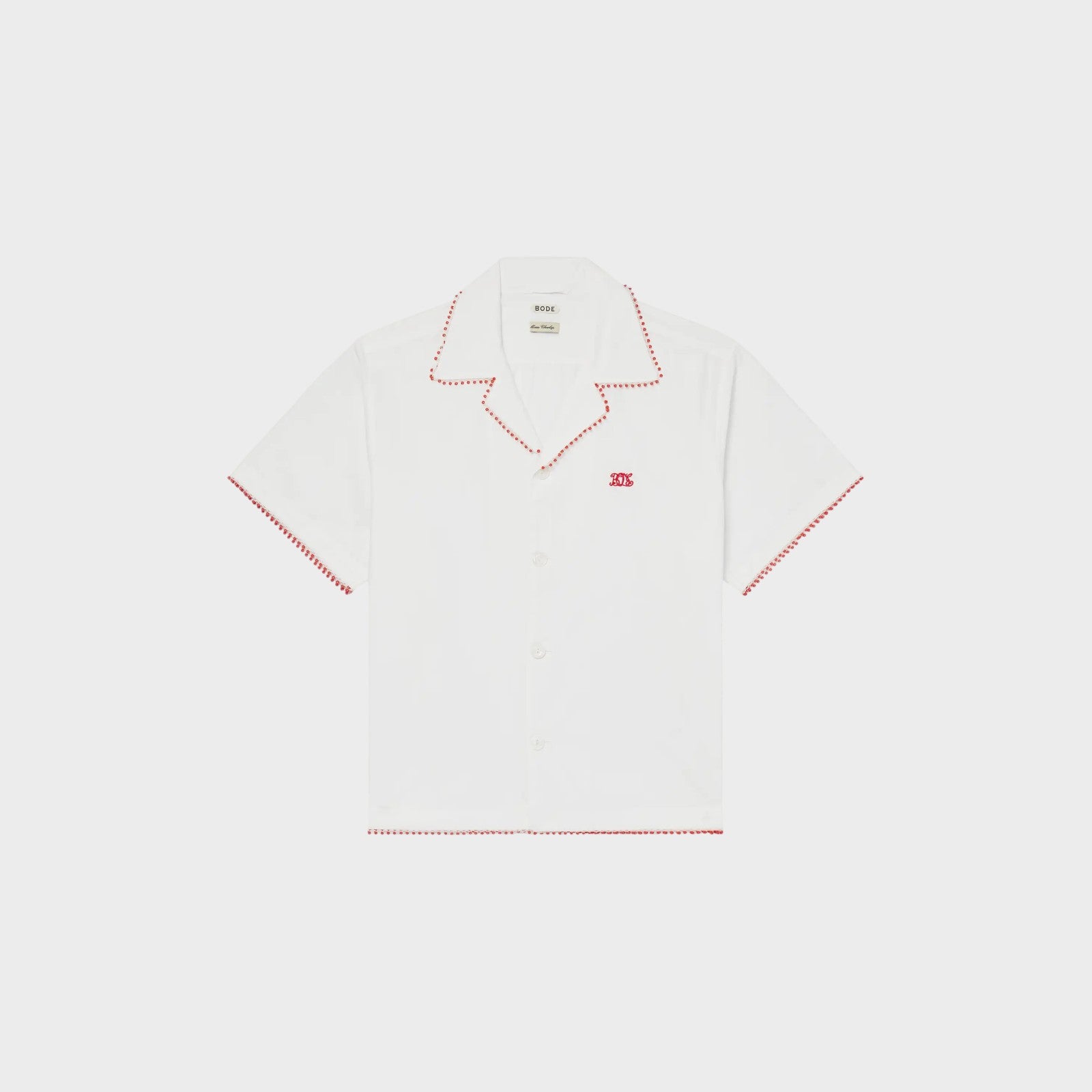 Tasoni Bode Redbud Shirt - White short-sleeve button-up with red contrast stitching and embroidered logo.