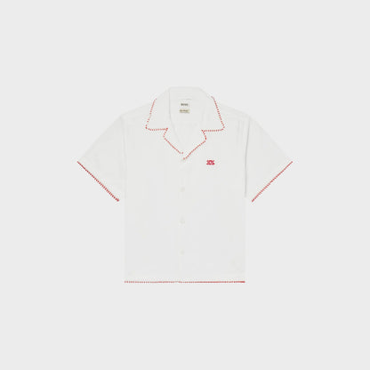 Tasoni Bode Redbud Shirt - White short-sleeve button-up with red contrast stitching and embroidered logo.