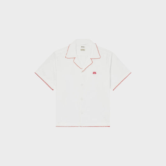 Tasoni Bode Redbud Shirt - White short-sleeve button-up with red contrast stitching and embroidered logo.
