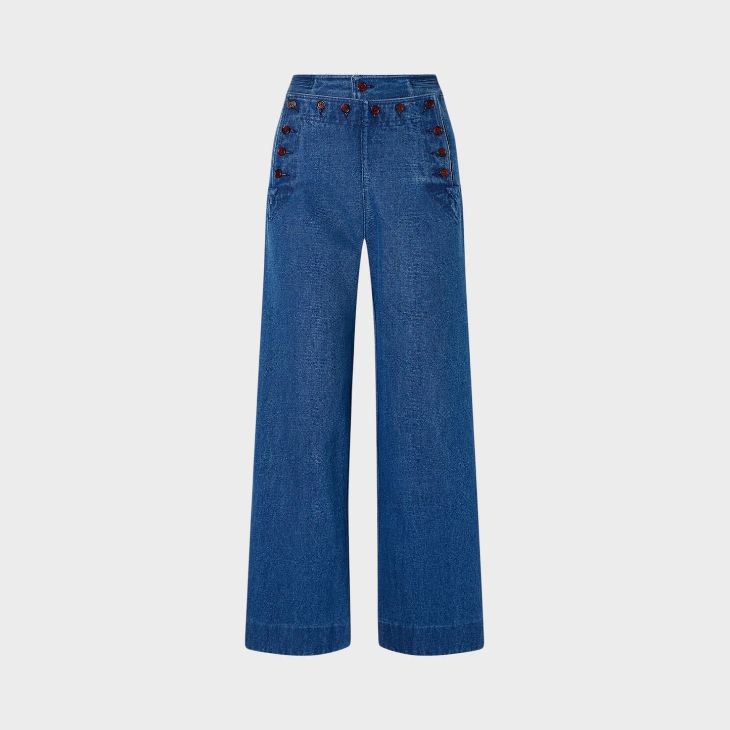 Tasoni Bode sailor denim pants in indigo blue with a wide-leg, high-rise silhouette and double-button closure.