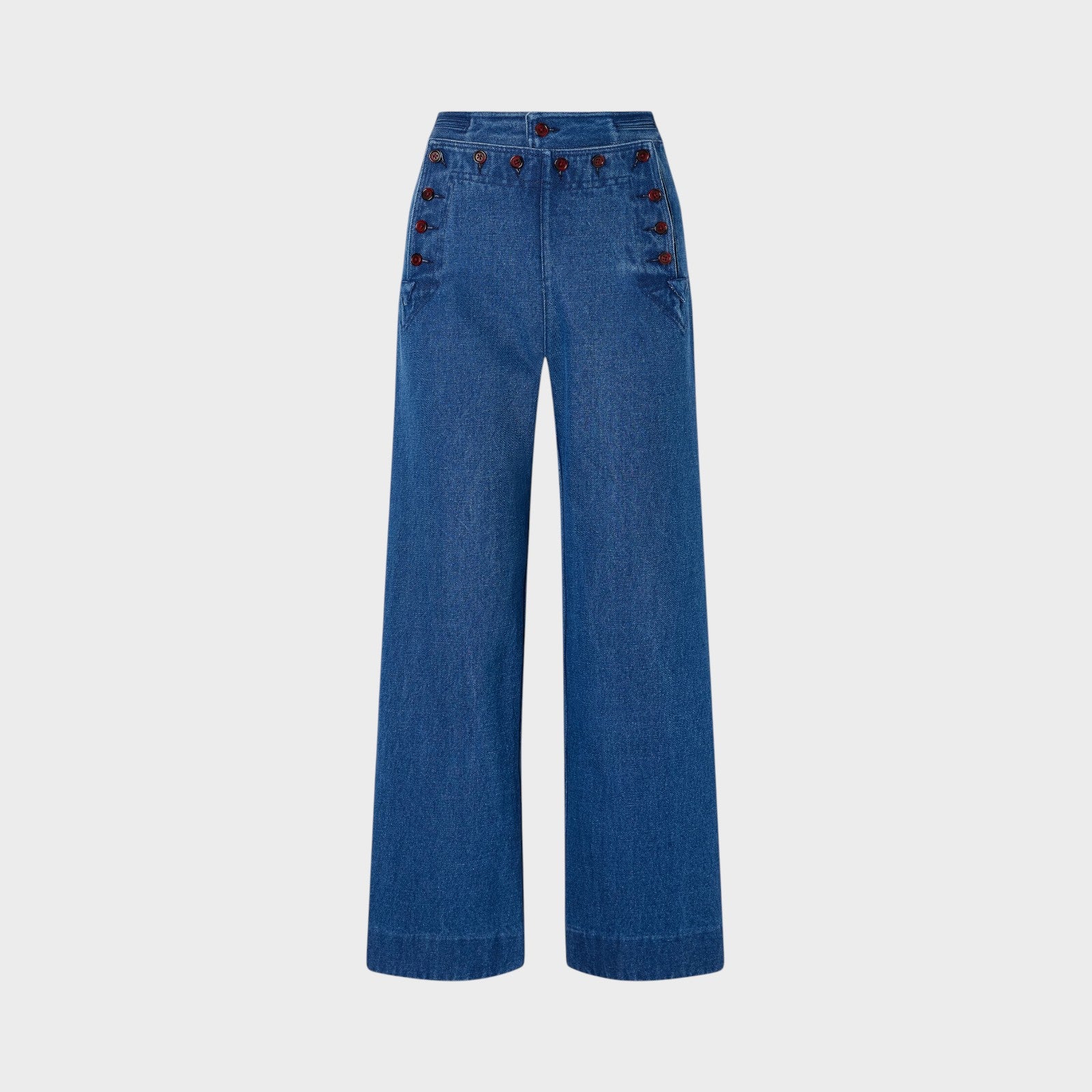 Tasoni Bode sailor denim pants in indigo blue with a wide-leg, high-rise silhouette and double-button closure.