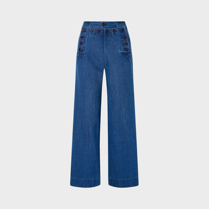 Tasoni Bode sailor denim pants in indigo blue with a wide-leg, high-rise silhouette and double-button closure.