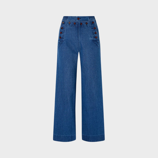Tasoni Bode sailor denim pants in indigo blue with a wide-leg, high-rise silhouette and double-button closure.
