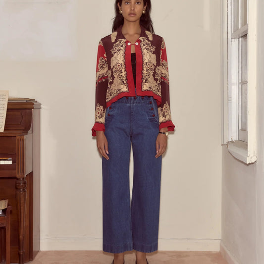 Tasoni Bode Sailor Denim Pants in indigo denim with wide-leg silhouette and sailor-inspired detailing.