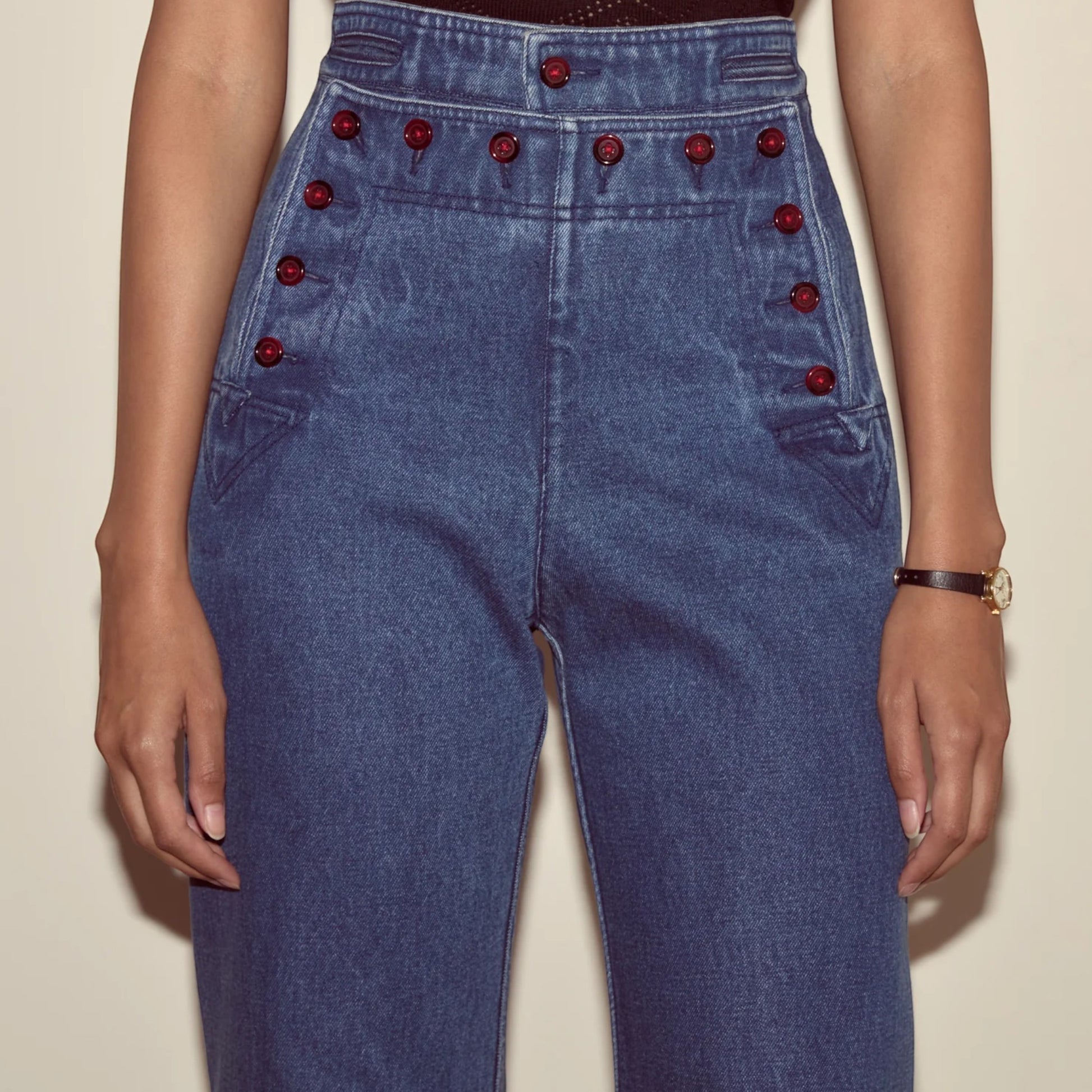 Tasoni Bode sailor denim pants in indigo with a high-rise waist and double-button closure.