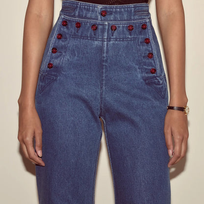 Tasoni Bode sailor denim pants in indigo with a high-rise waist and double-button closure.