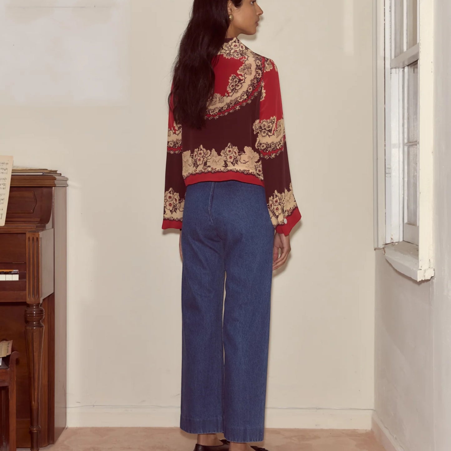 Tasoni Bode sailor denim pants in indigo wash, wide-leg silhouette, high-rise waist, and five-pocket construction.