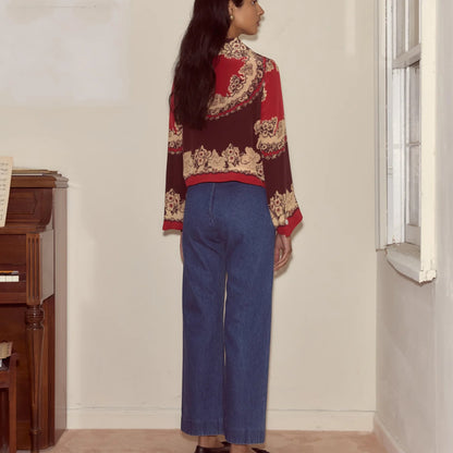 Tasoni Bode sailor denim pants in indigo wash, wide-leg silhouette, high-rise waist, and five-pocket construction.