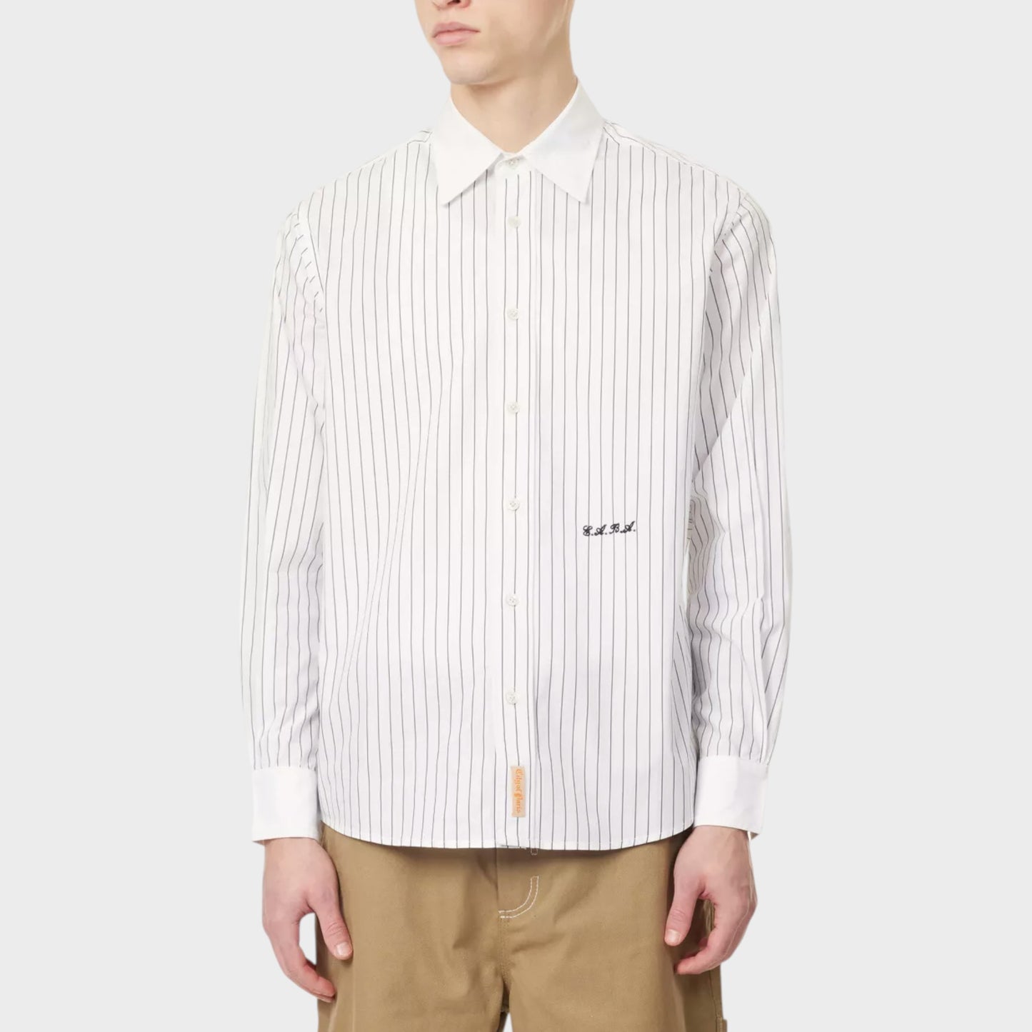 Tasoni Bode Steamboat Stripe Shirt in black and cream cotton with embroidered logo detail.