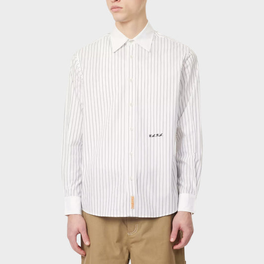Tasoni Bode Steamboat Stripe Shirt in black and cream cotton with embroidered logo detail.
