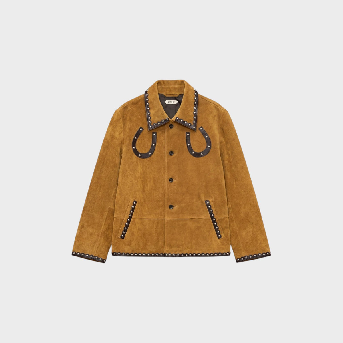 Tasoni Bode tan brown suede Carson jacket featuring horseshoe leather appliqués and silver stud detailing.