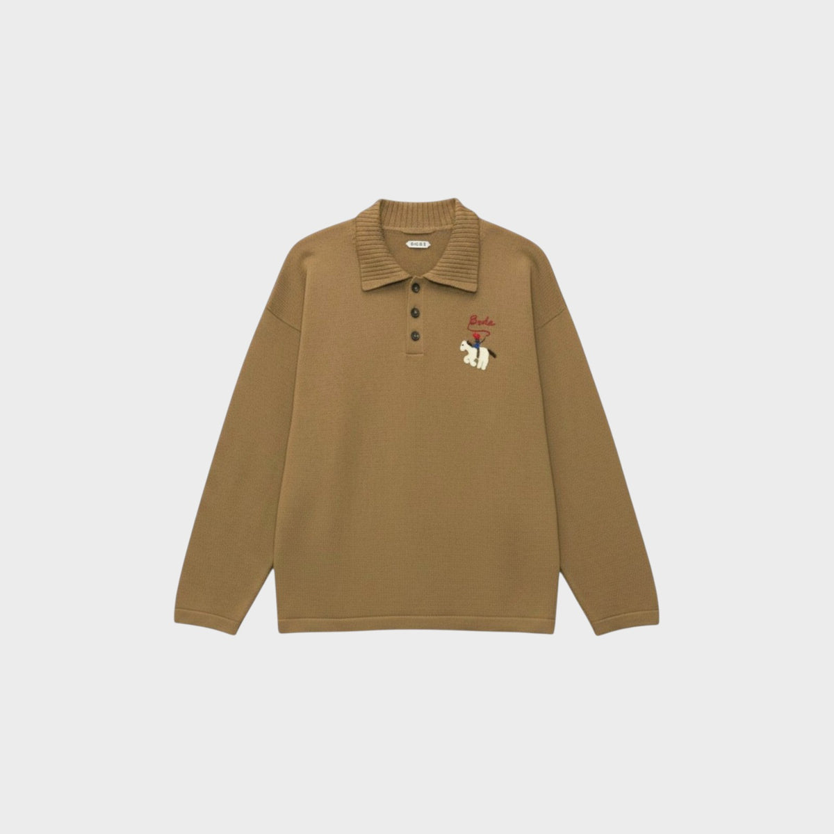 Tasoni Bode tan wool knit polo shirt featuring hand-applied cowboy embroidery and a classic ribbed collar.