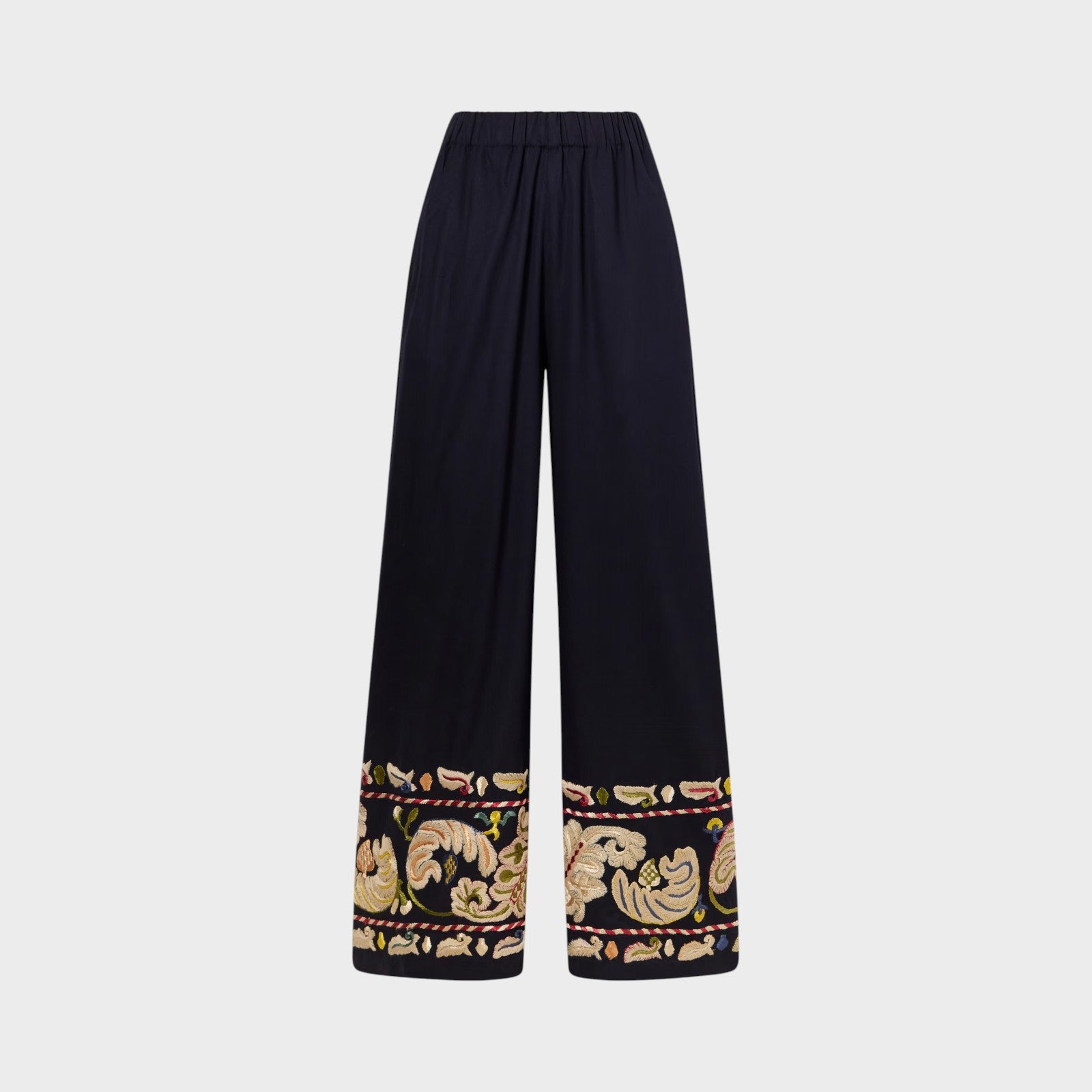 Tasoni Bode wide leg navy trousers with embroidered hem detail