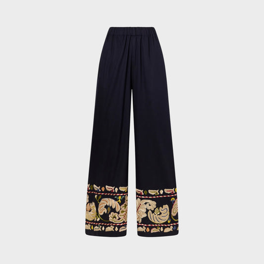 Tasoni Bode wide leg navy trousers with embroidered hem detail