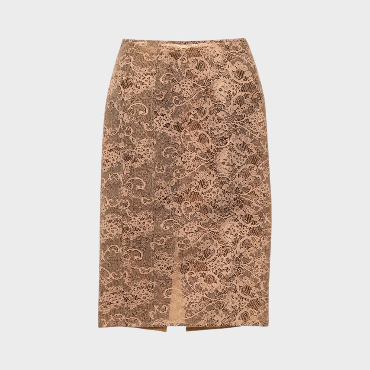 Tasoni bronze brown lace midi skirt with a back slit and intricate floral pattern.