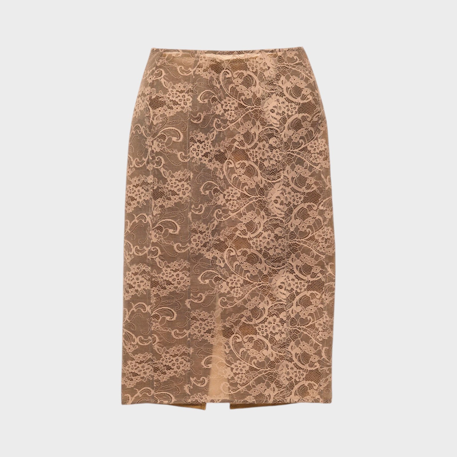 Tasoni bronze brown lace midi skirt with a back slit and intricate floral pattern.