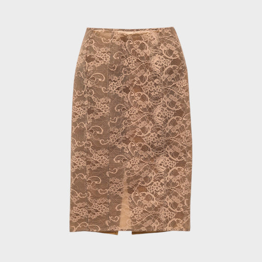 Tasoni bronze brown lace midi skirt with a back slit and intricate floral pattern.