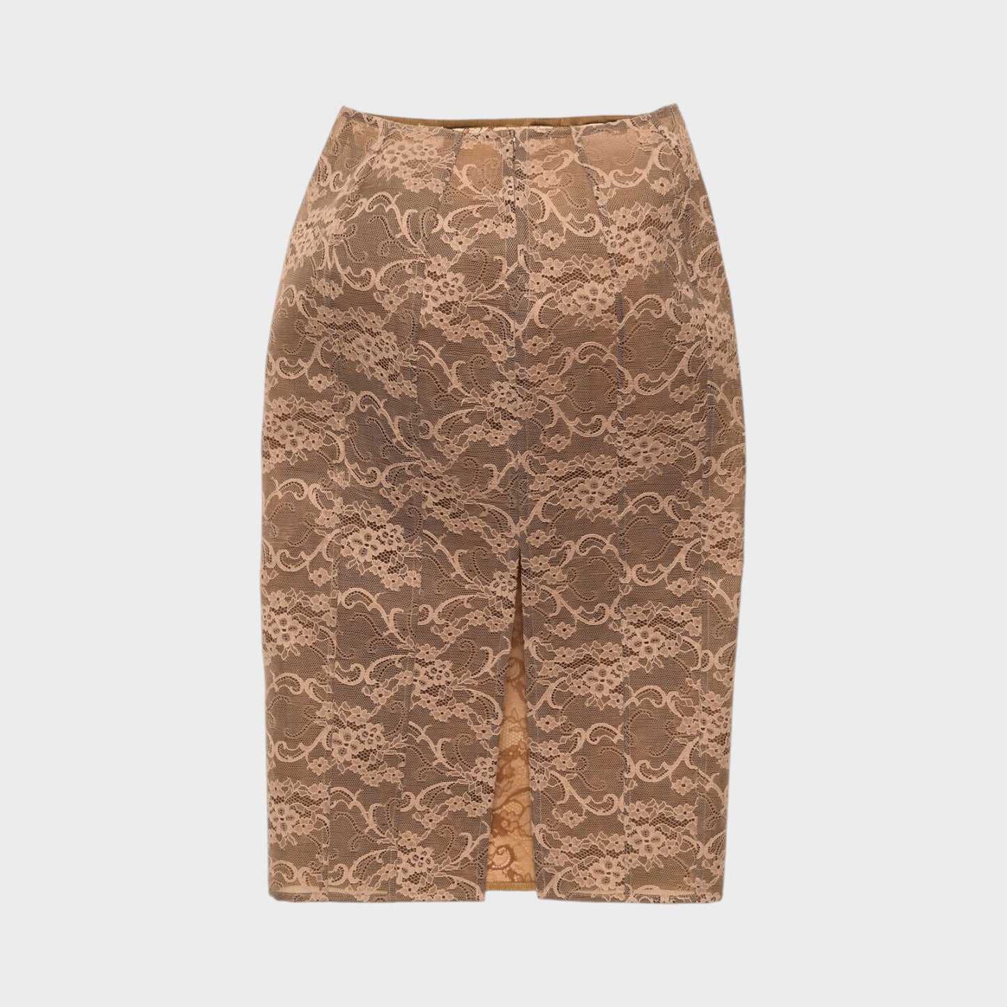 Tasoni bronze brown lace midi skirt with a back slit and intricate floral pattern.