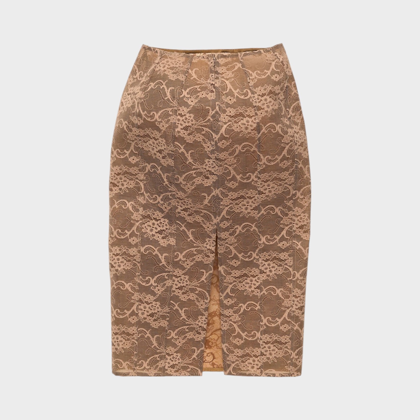Tasoni bronze brown lace midi skirt with a back slit and intricate floral pattern.
