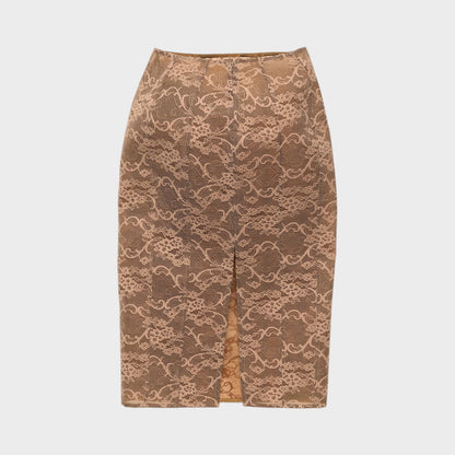 Tasoni bronze brown lace midi skirt with a back slit and intricate floral pattern.