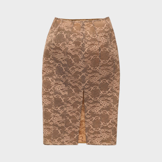 Tasoni bronze brown lace midi skirt with a back slit and intricate floral pattern.