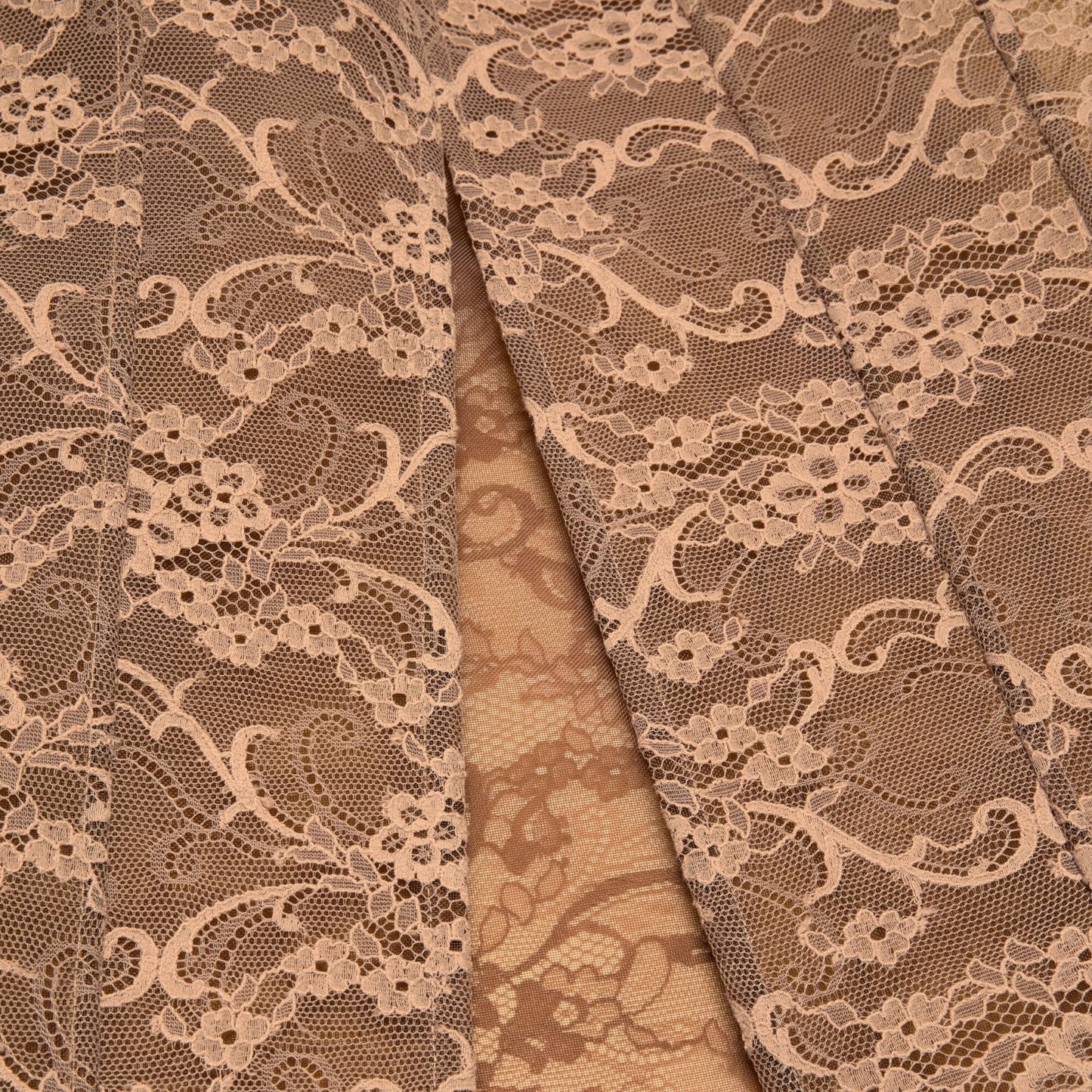 Tasoni bronze brown lace midi skirt with a back slit and layered effect.