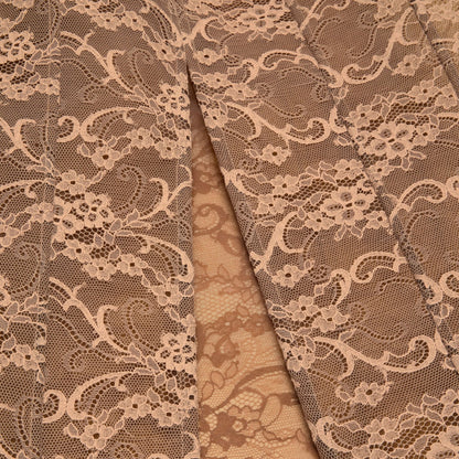 Tasoni bronze brown lace midi skirt with a back slit and layered effect.