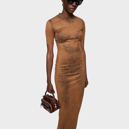 Tasoni brown fitted long dress with short sleeves and a V-neck, featuring a trompe-l’œil body print.