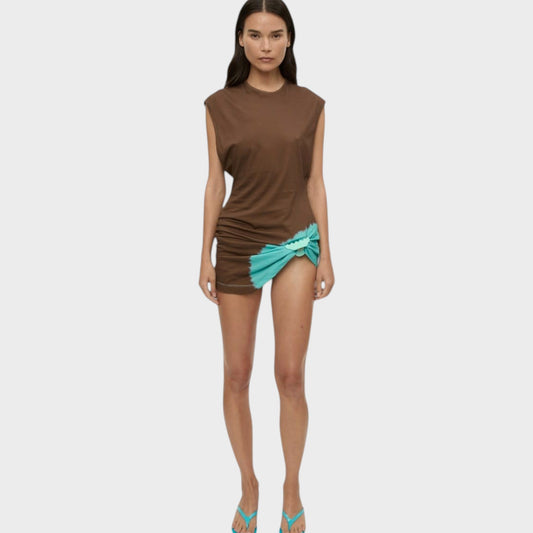 Tasoni brown cotton jersey tank dress with turquoise tie-dye detail and ruching on the side.