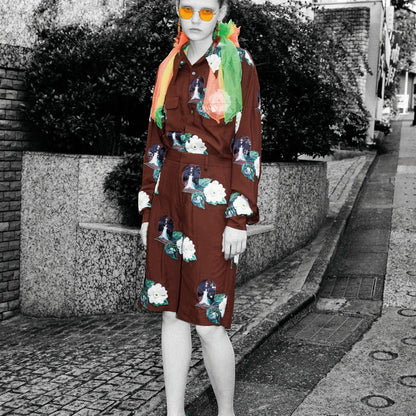Tasoni women's brown button-up shirt with floral and glass orb print, paired with matching shorts and green heels.