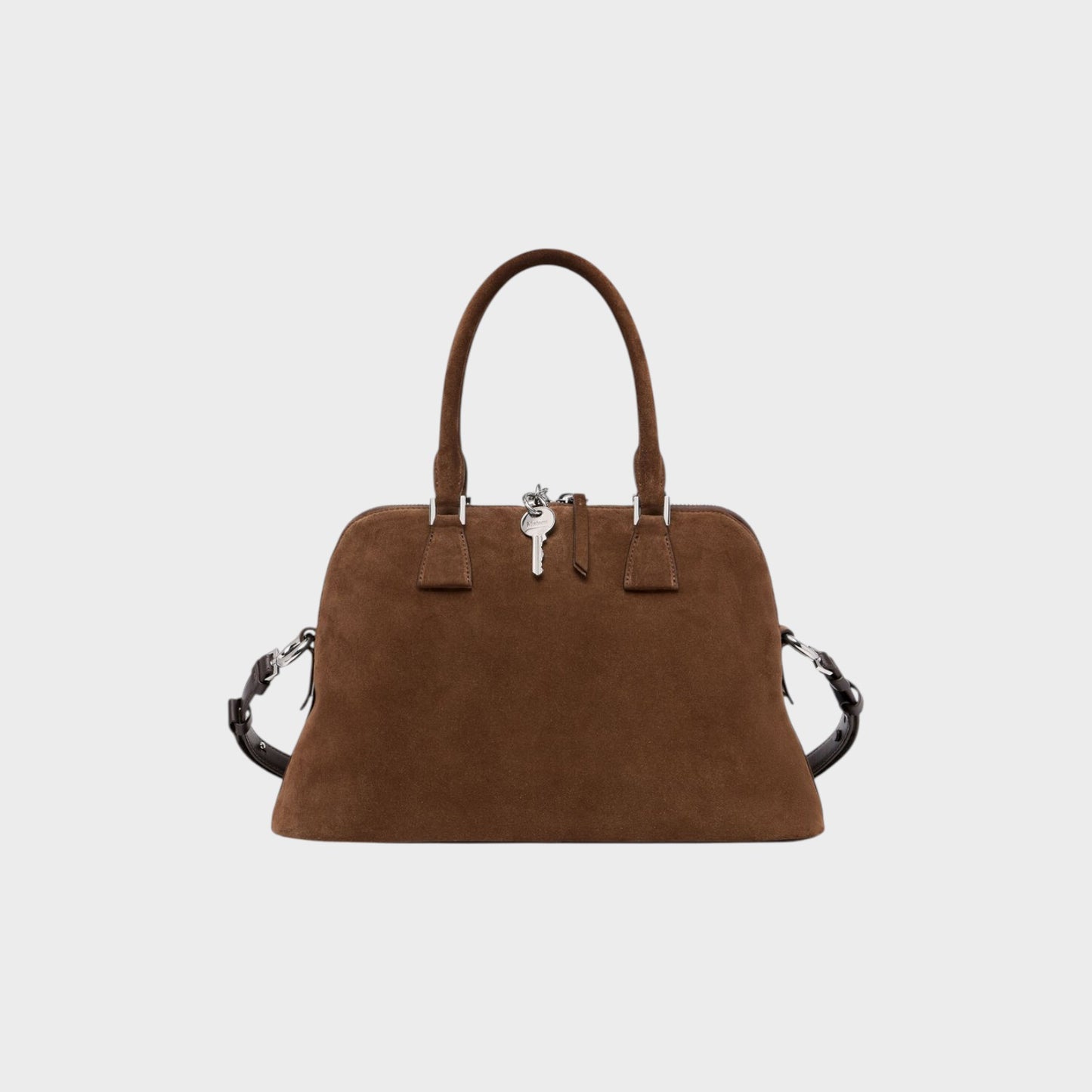 Tasoni brown suede leather medium 5AC bag with top handles and a detachable strap, featuring a signature key charm.