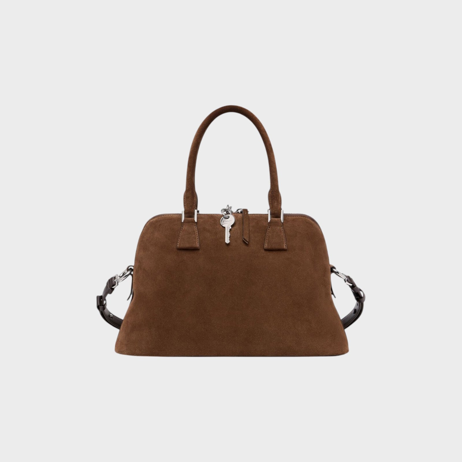 Tasoni brown suede leather medium 5AC bag with top handles and a detachable strap, featuring a signature key charm.