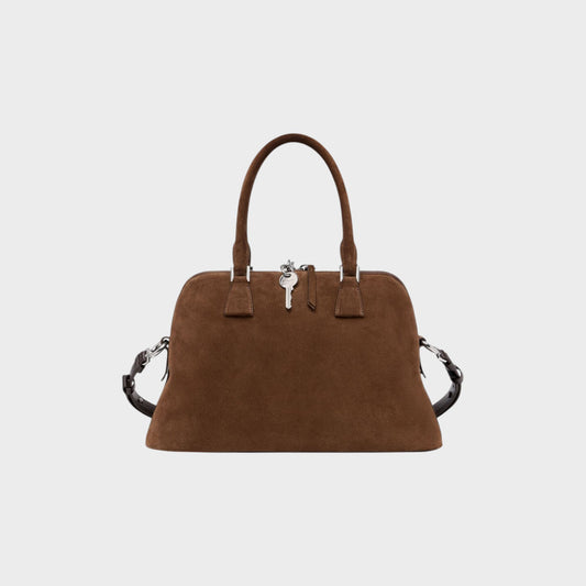 Tasoni brown suede leather medium 5AC bag with top handles and a detachable strap, featuring a signature key charm.