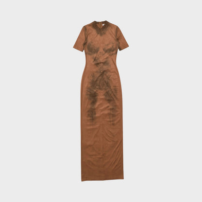 Tasoni brown fitted long dress with short sleeves, V-neck, and trompe-l’œil body print.