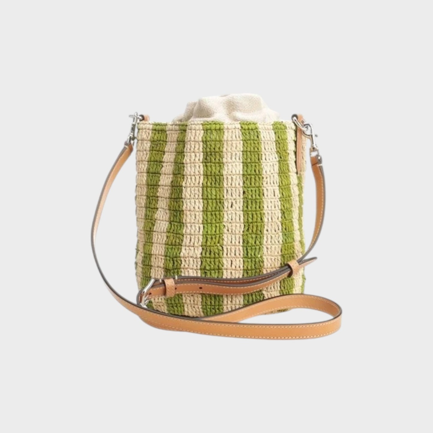 Tasoni small bucket bag in natural and green crochet raffia with vertical stripes and leather trim.
