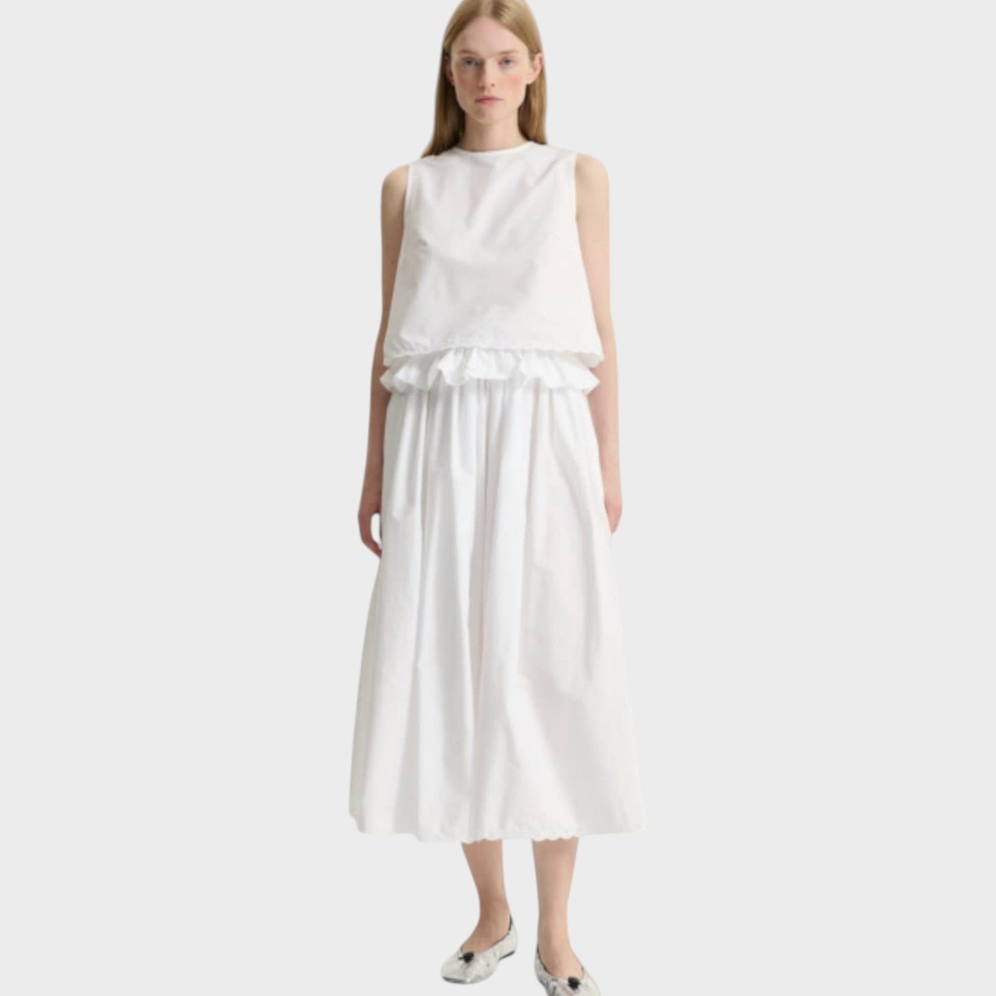 Tasoni Cecilie Bahnsen white broderie anglaise midi skirt with elasticated, ruffled waist.