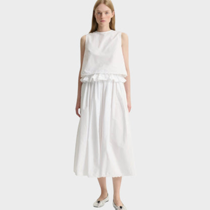 Tasoni Cecilie Bahnsen white broderie anglaise midi skirt with elasticated, ruffled waist.