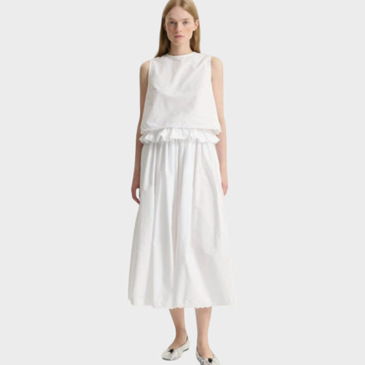 Tasoni Cecilie Bahnsen white broderie anglaise midi skirt with elasticated, ruffled waist.