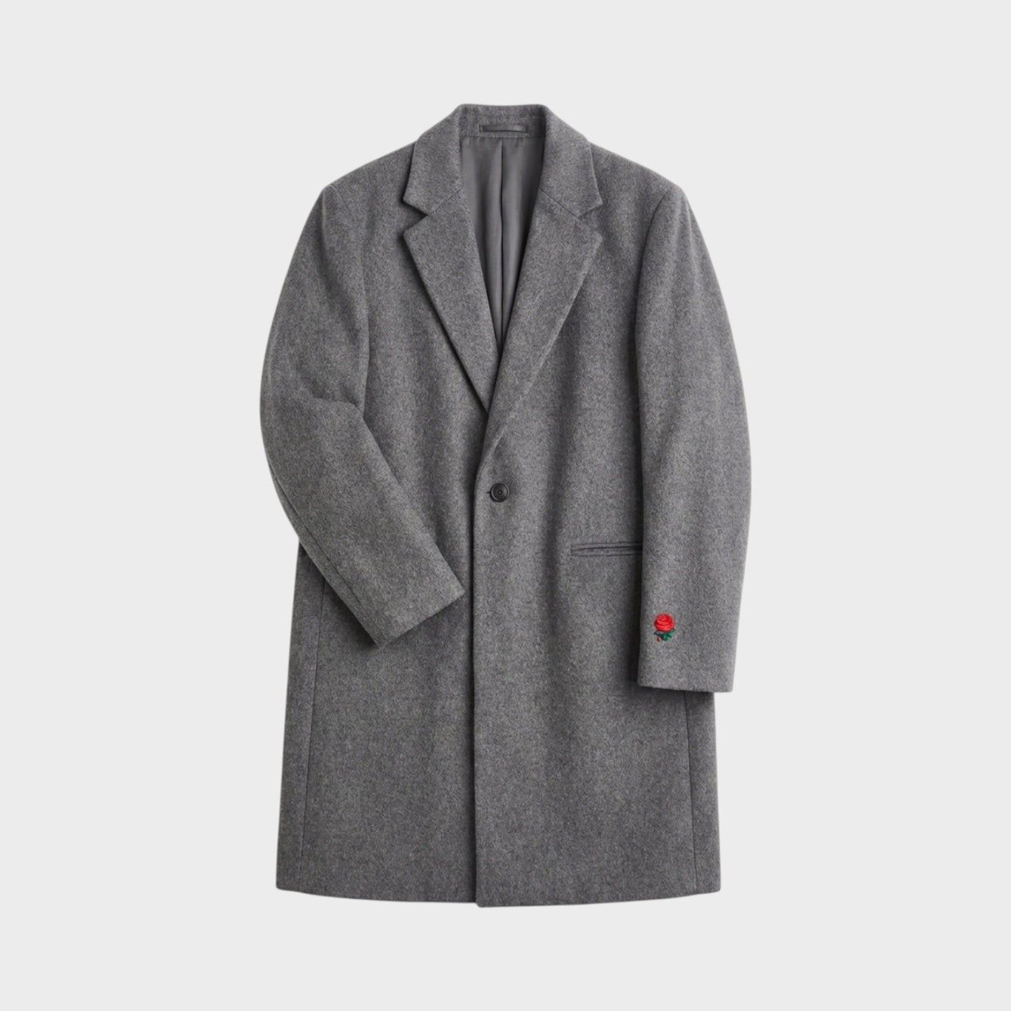 Tasoni charcoal grey wool and cashmere blend coat with single button closure and red rose embroidery on the cuff.