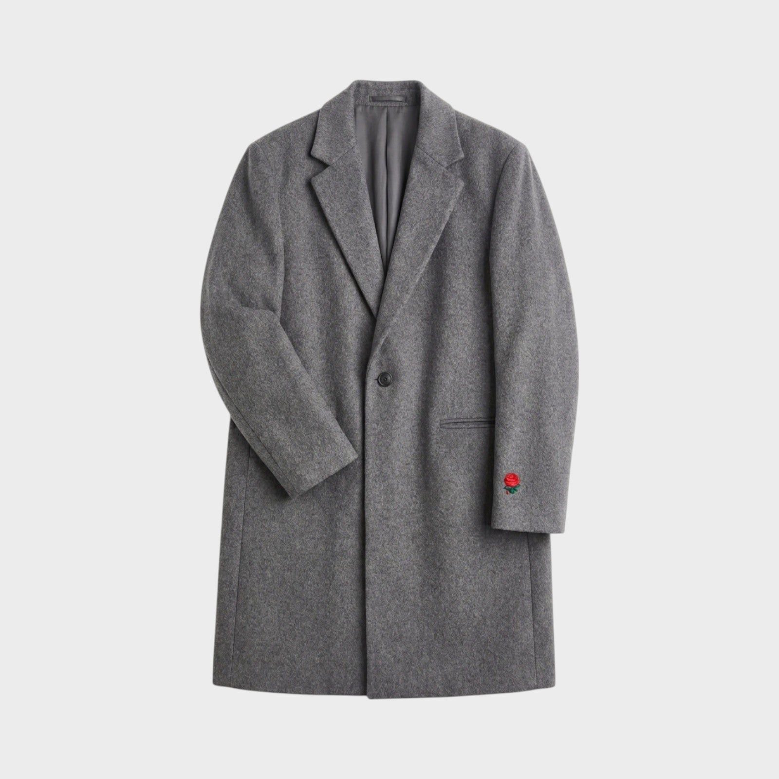 Tasoni charcoal grey wool and cashmere blend coat with single button closure and red rose embroidery on the cuff.