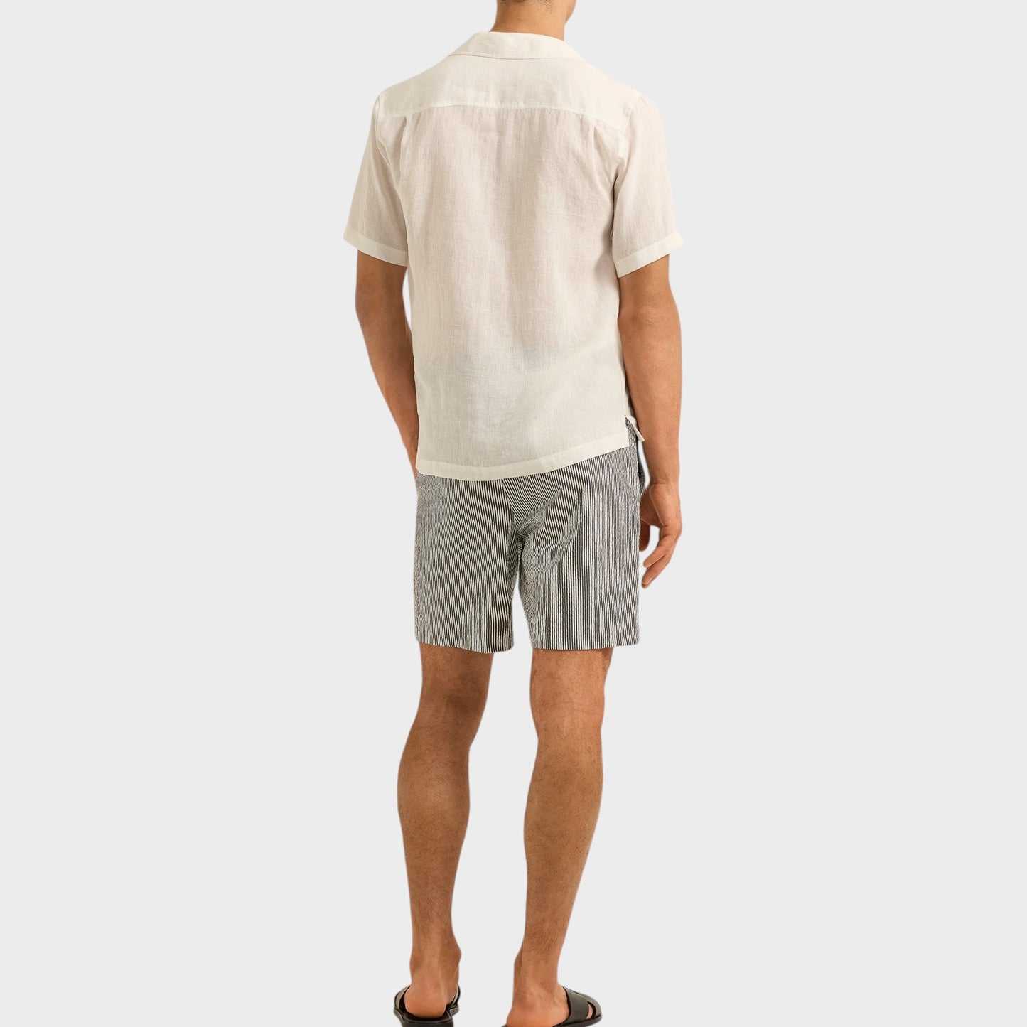 Tasoni Orlebar Brown Alex drawcord swim trunks in charcoal and white stripe print. Men's swimwear.