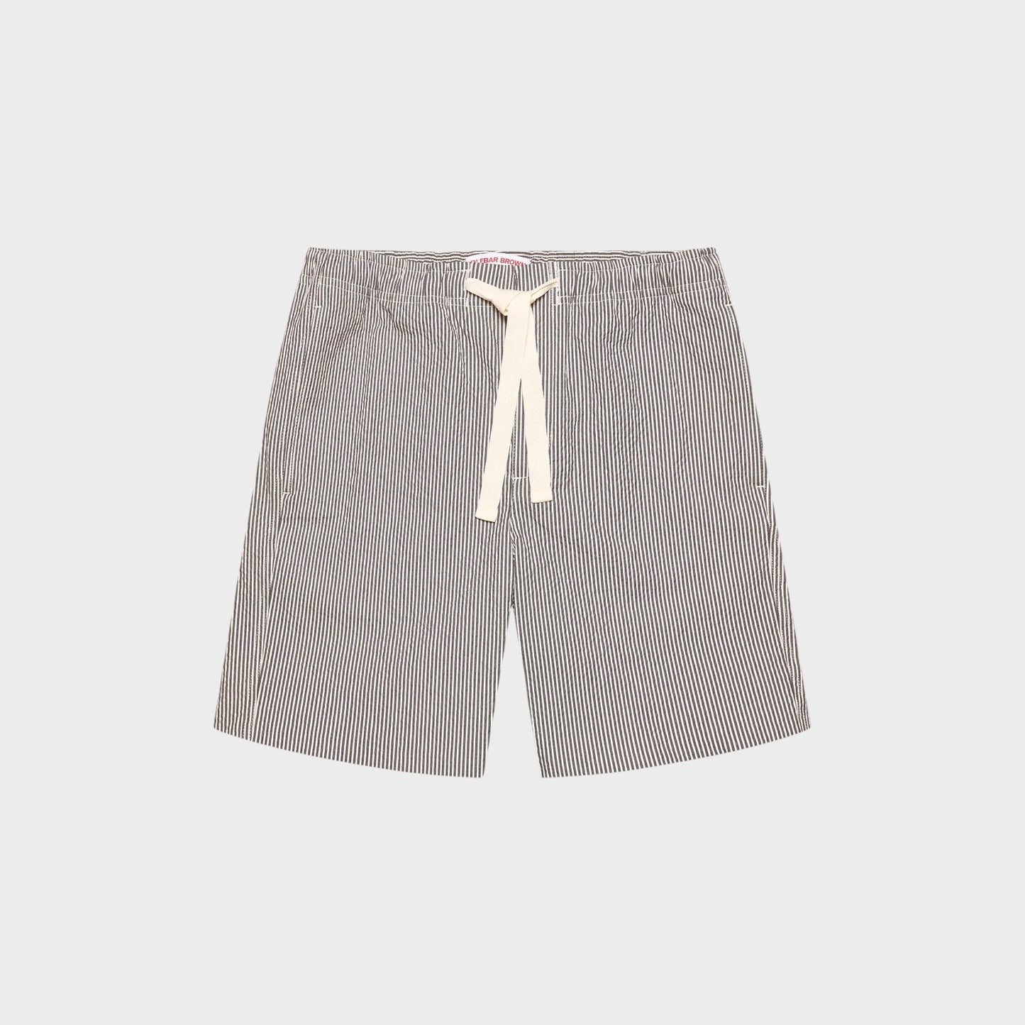 Tasoni Orlebar Brown Alex drawcord swim trunks in charcoal and white vertical stripe print. Elasticated waistband with cream tie.