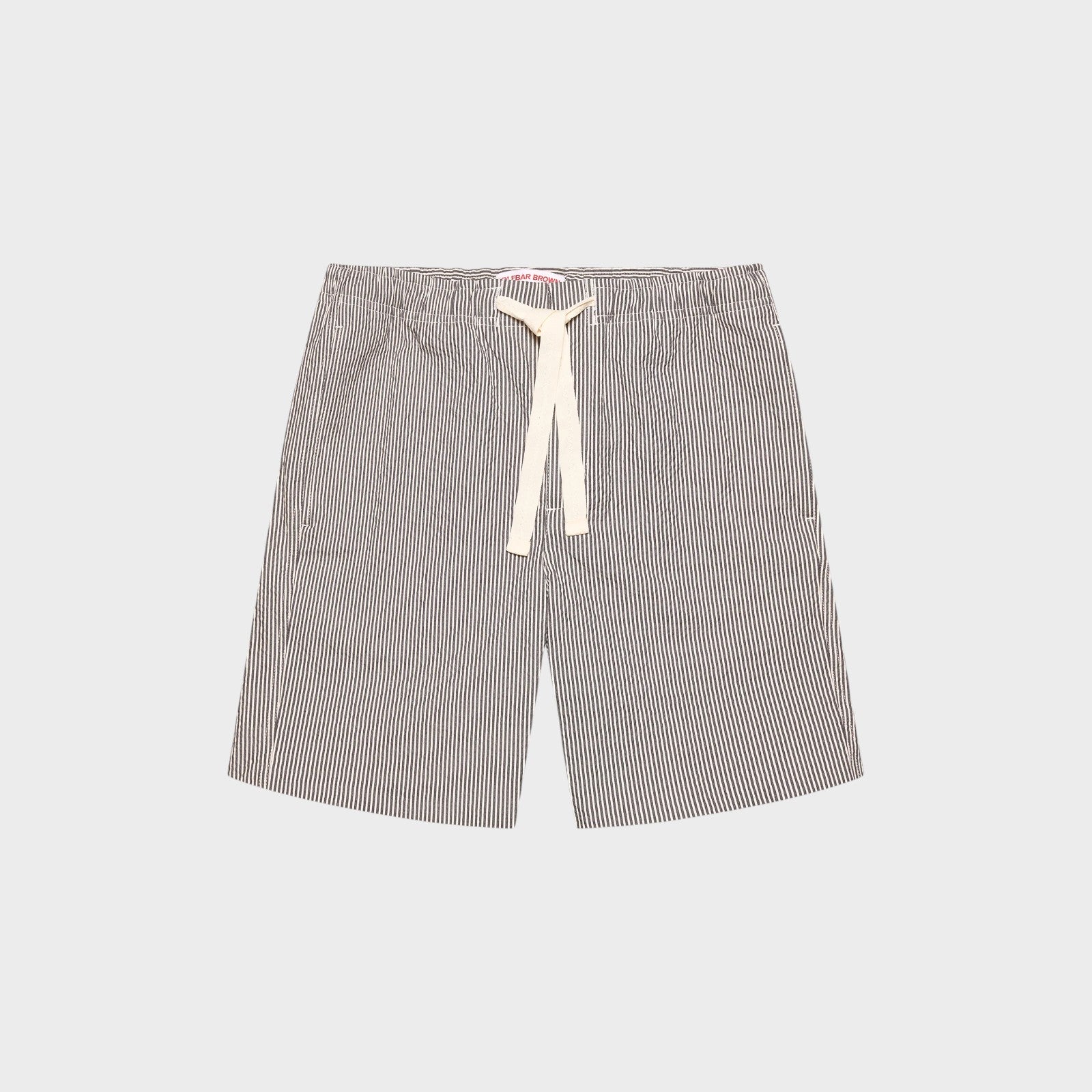Tasoni Orlebar Brown Alex drawcord swim trunks in charcoal and white vertical stripe print. Elasticated waistband with cream tie.
