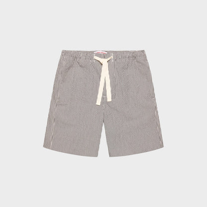 Tasoni Orlebar Brown Alex drawcord swim trunks in charcoal and white vertical stripe print. Elasticated waistband with cream tie.