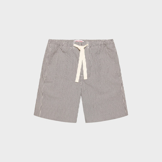 Tasoni Orlebar Brown Alex drawcord swim trunks in charcoal and white vertical stripe print. Elasticated waistband with cream tie.