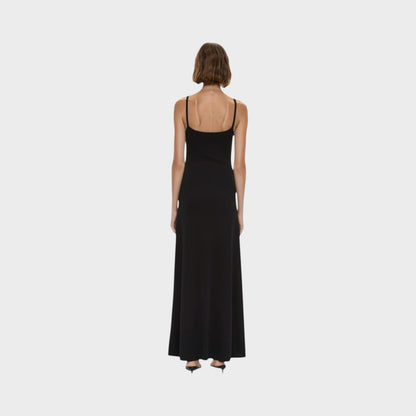 Back view of a Tasoni Christopher Esber black compact ribbed cami dress with thin straps and a floor-length silhouette.
