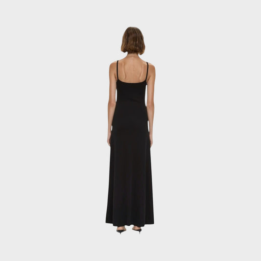 Back view of a Tasoni Christopher Esber black compact ribbed cami dress with thin straps and a floor-length silhouette.